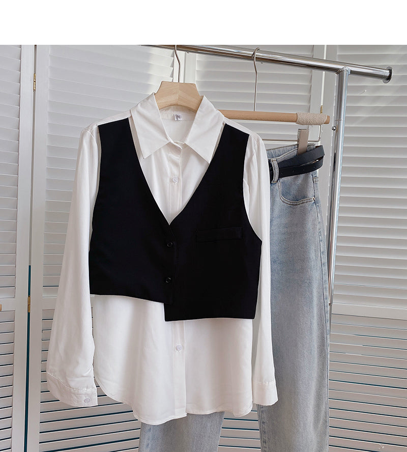 Lazy irregular stitching long sleeve shirt design fake two pieces  6358