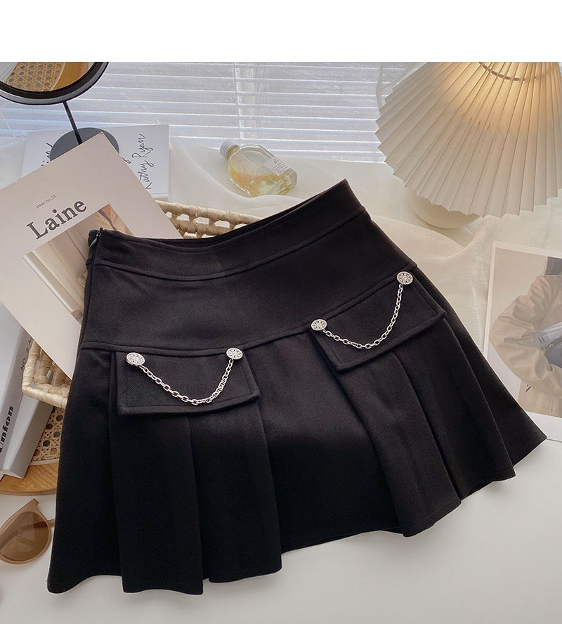 Pleated half length skirt age personalized chain high waist A-line skirt  5373