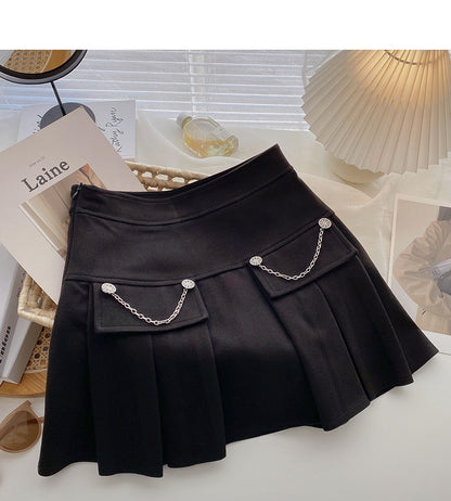 Pleated half length skirt age personalized chain high waist A-line skirt  5373