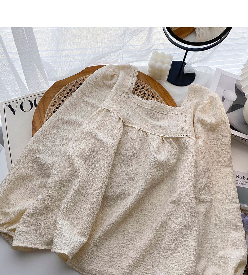 Design sense Vintage Lace Edge square neck thin shirt  6274