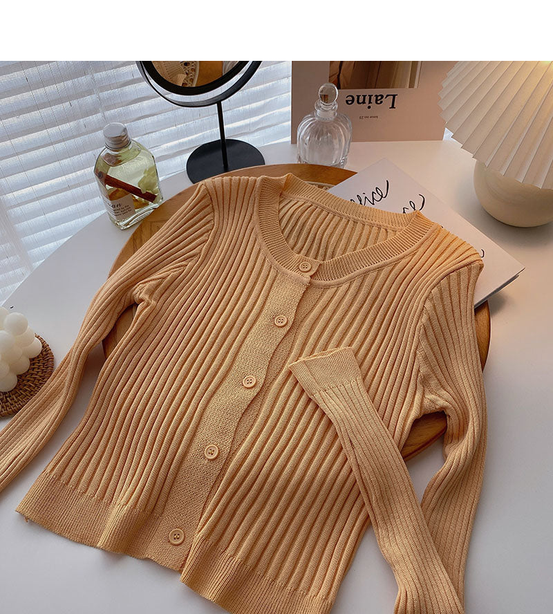 Koreanische Version, dünne, langärmlige, vielseitige, einfarbige Strickjacke mit Rundhalsausschnitt 6550