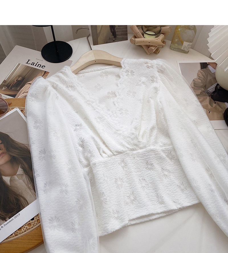 Mesh-Langarm-T-Shirt mit V-Ausschnitt, schmal geschnittenes Oberteil mit kurzem Muster 6670
