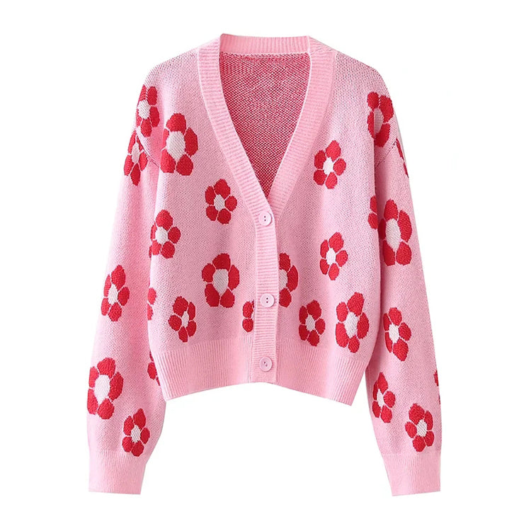 Neue japanische Jacquard-Strickjacke mit V-Ausschnitt und Blumenmuster 7295