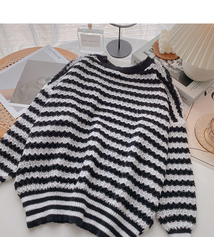 Lazy stripe contrast long sleeve sweater  6132