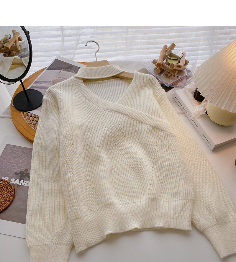 Design sense hollow out stand collar Pullover thin top  6181