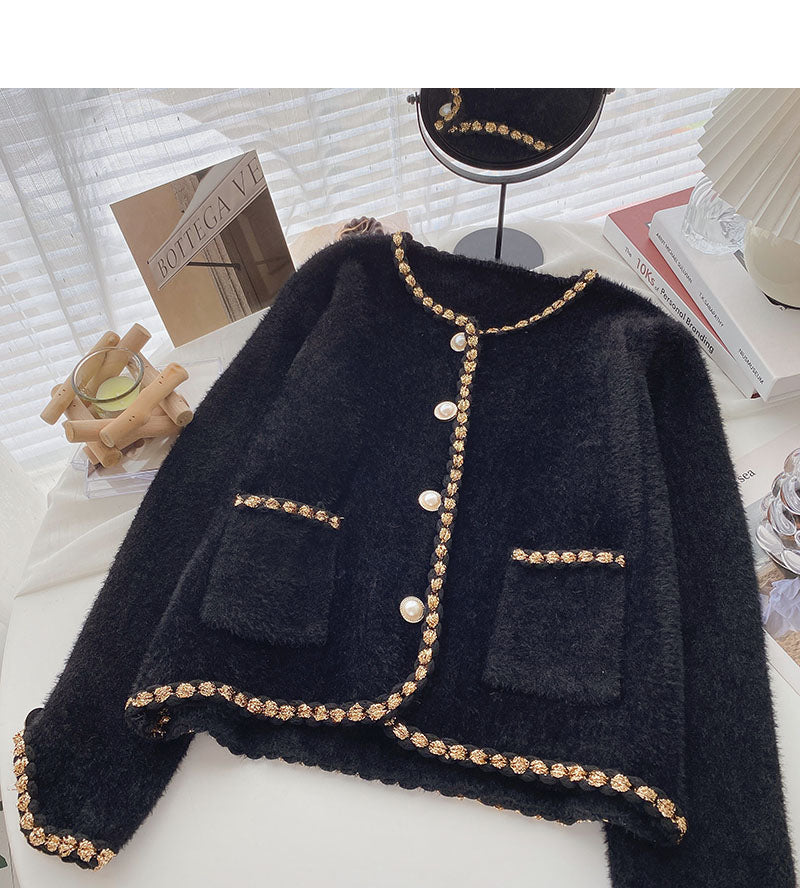 Pearl button small fragrance sweater coat  5994