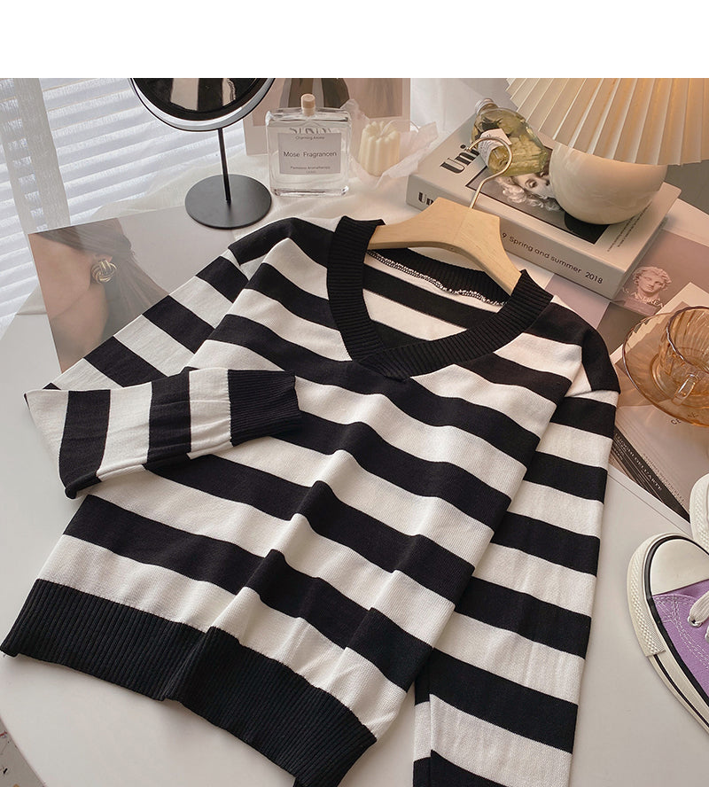 Striped long sleeved sweater Pullover Top bottomed shirt  6448