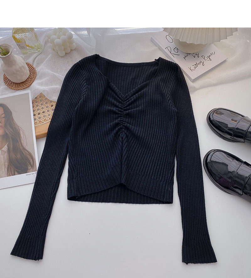 Strickwaren Korean Slim Short Thin Plissee Top Mode 6633