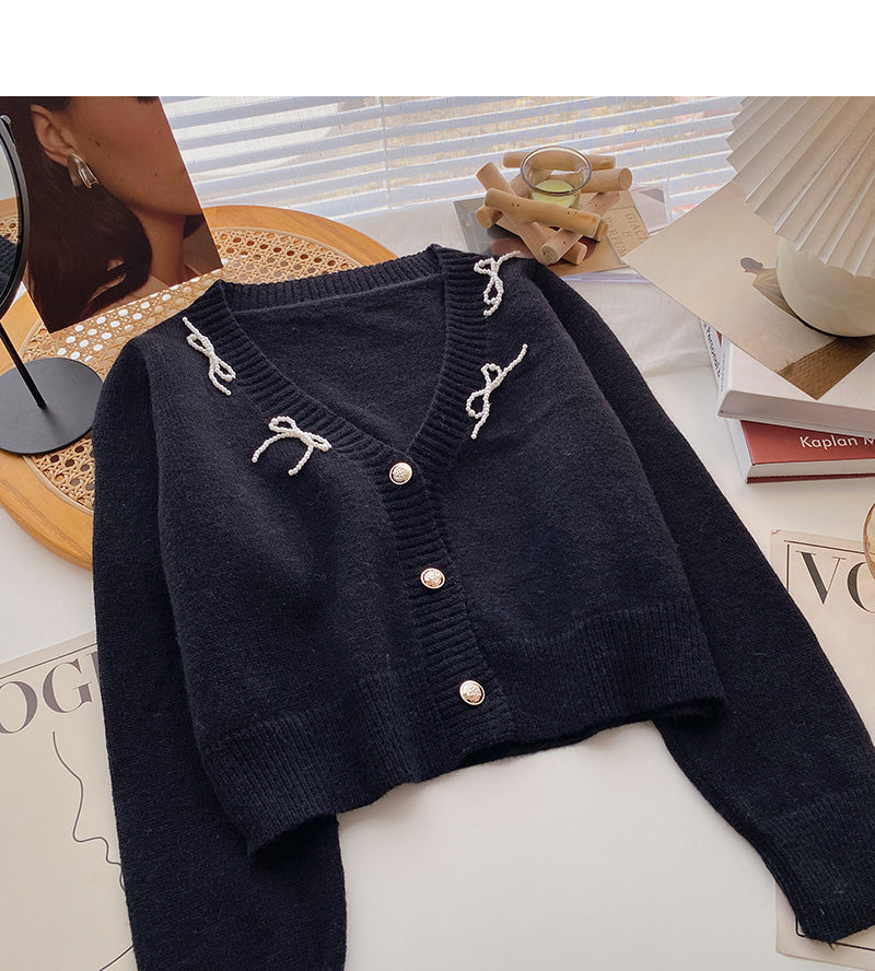 Vintage French short knit cardigan design long sleeve top  6668