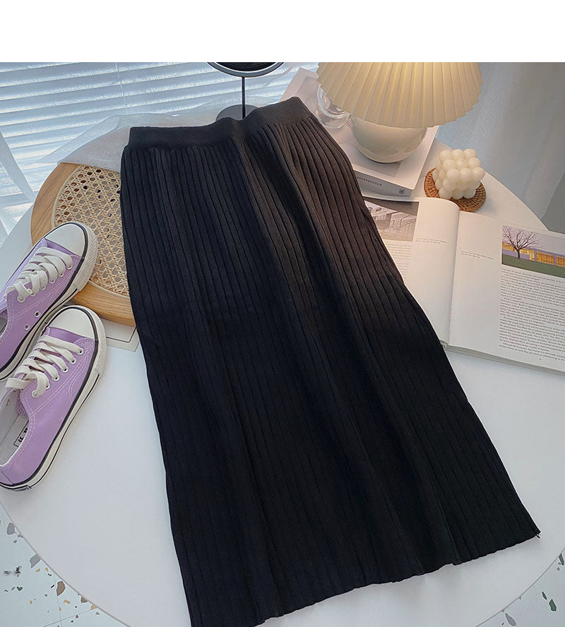 Simple solid color high waist knitted thread A-line skirt  5750
