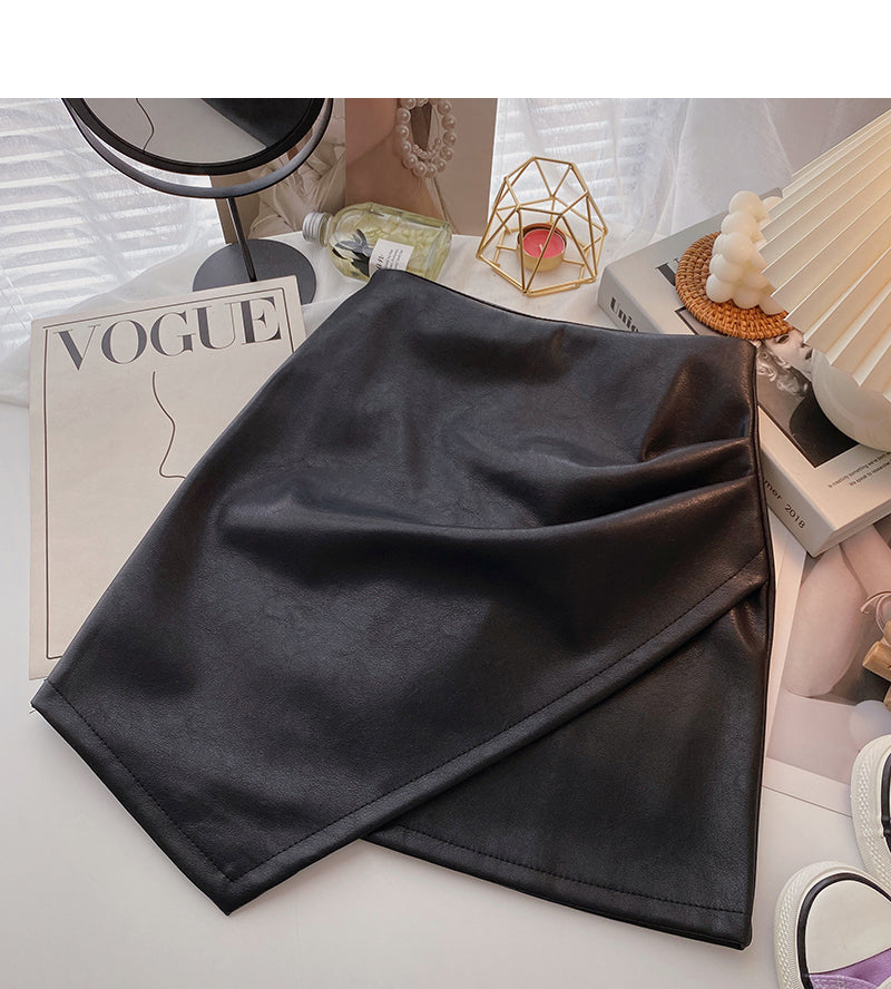 Korean irregular PU leather high waist wrap hip slim fashion skirt  5378