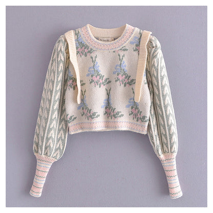 Pull jacquard vintage à manches bouffantes pour femme 7165