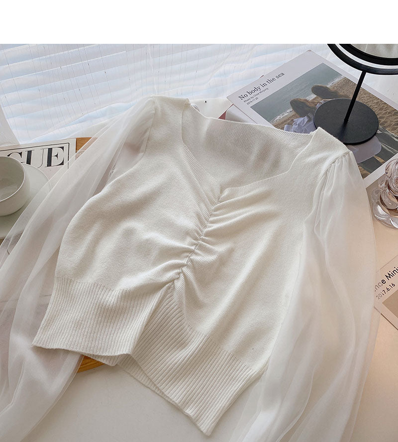 Korean mesh long sleeve design pleated V-neck short slim top  6667