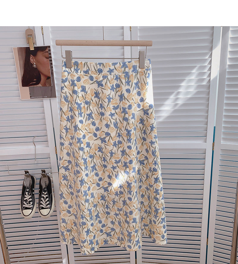 Sweet high waist floral mid length skirt design  5800