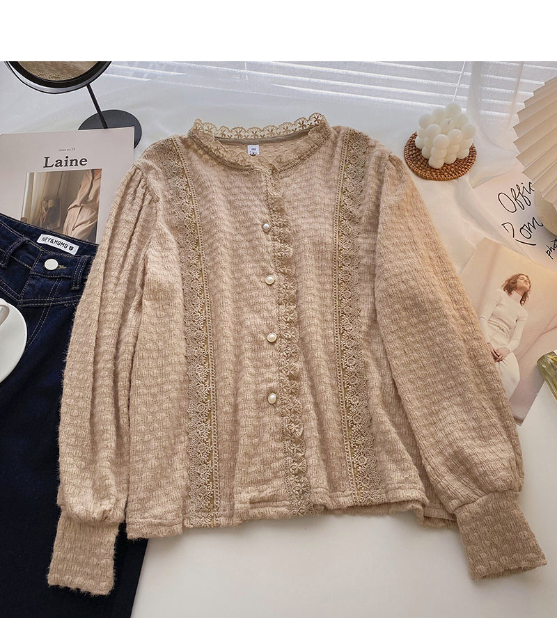Korean version of foreign style solid color lace round neck top  6335