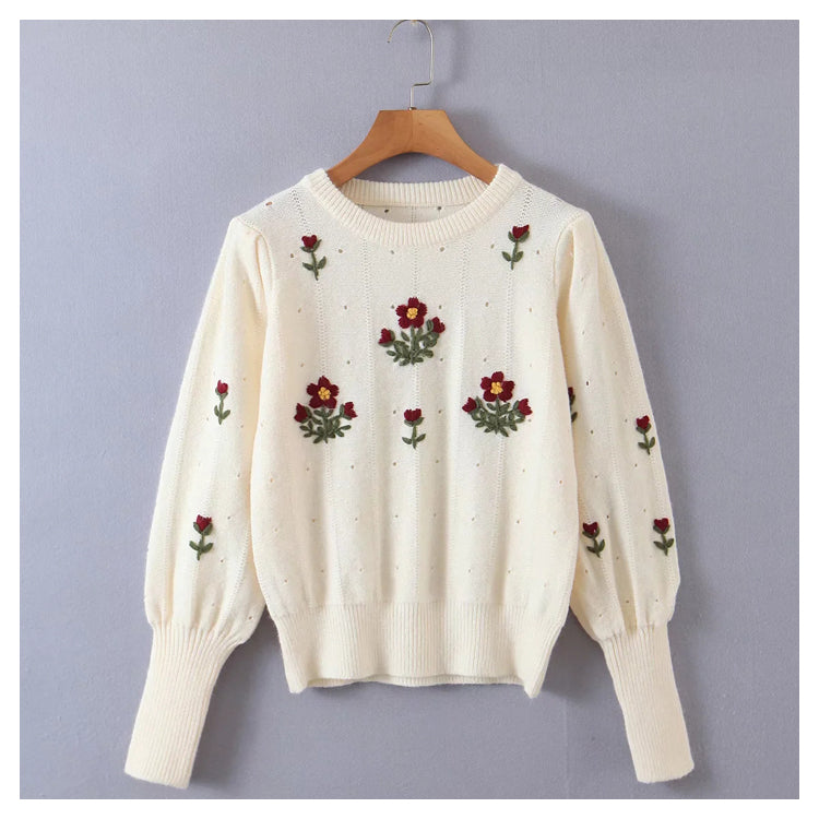 Lazy wind retro Flower Embroidered round neck Pullover Sweater  7328