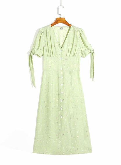 V-Ausschnitt, einreihig, Slim Fit, grün, geblümte Schleifenmanschetten, langes Damenkleid 7062