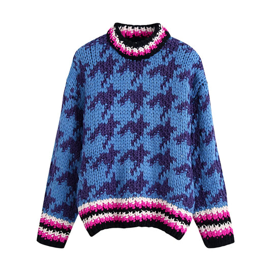 Pull jacquard à rayures contrastées et carreaux mille oiseaux 7476