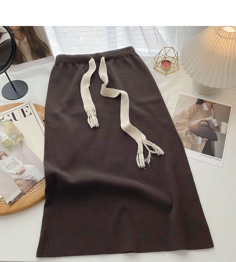 Versatile pop drawstring high waist split A-line skirt  5794