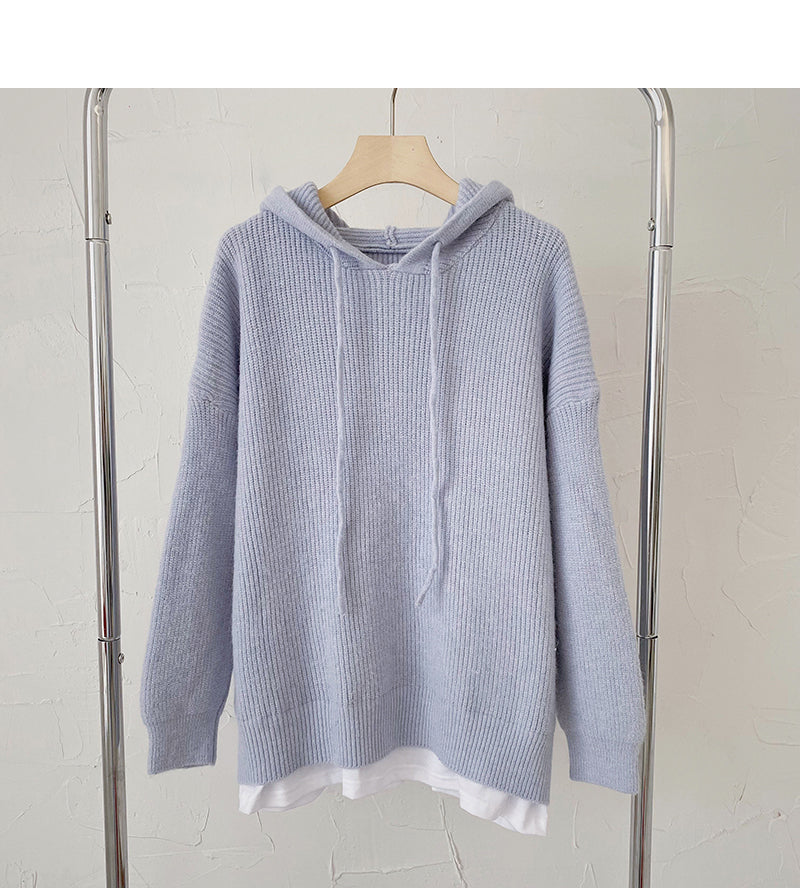 Pull femme style paresseux rétro ample à manches longues à capuche faux haut deux pièces 6197