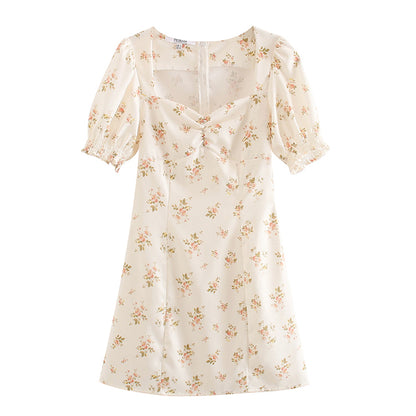 French Floral Vintage square neck bubble sleeve dress skirt  7038