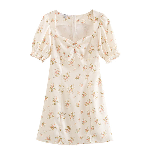 French Floral Vintage Kleiderrock mit eckigem Ausschnitt und Blasenärmeln 7038