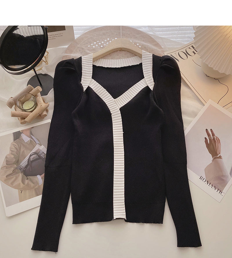 French square neck contrast thin long sleeve sweater  6492
