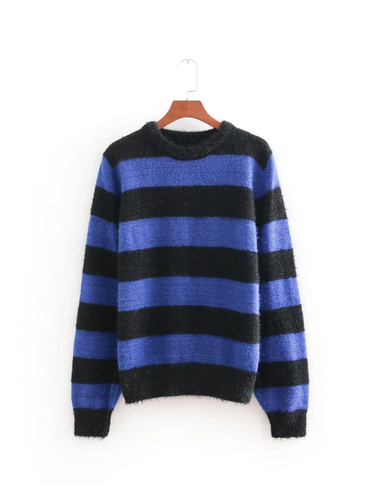 Striped crew neck Pullover long sleeve sweater loose sweater top  7458