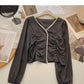 Single breasted lace design V-neck shirt  6359