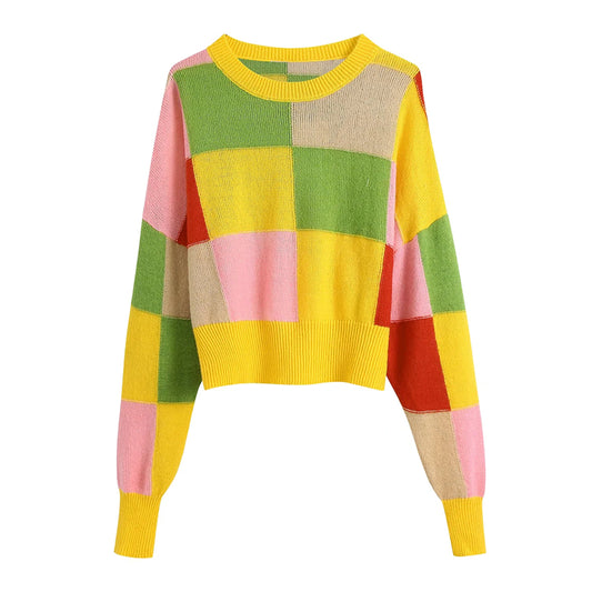 Nouveau pull ample à carreaux jacquard assorti de couleur 7468