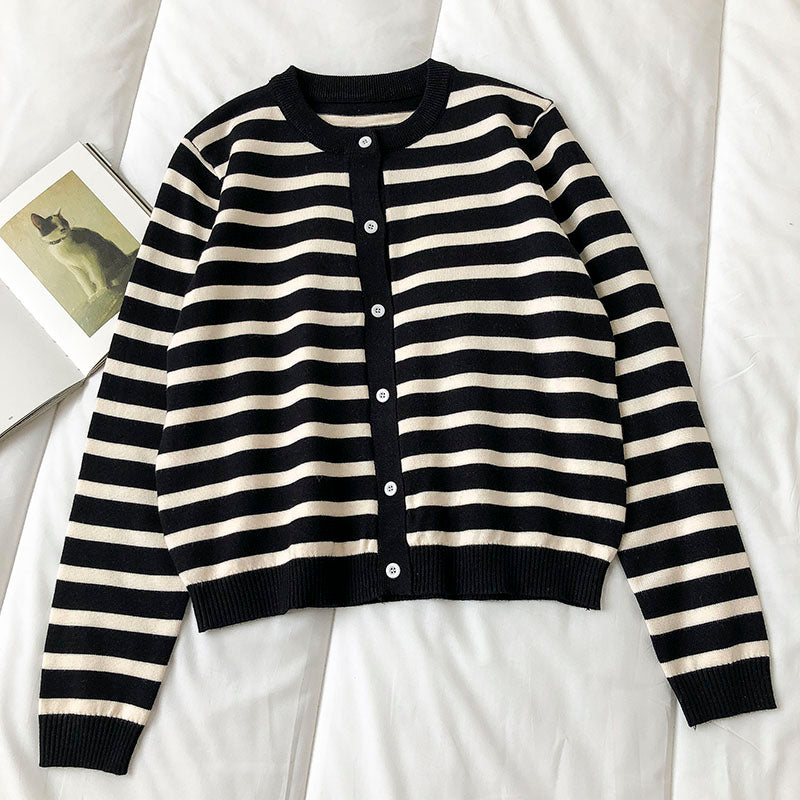 Gestreifter Cardigan mit Rundhalsausschnitt und langen Ärmeln Mode 6455