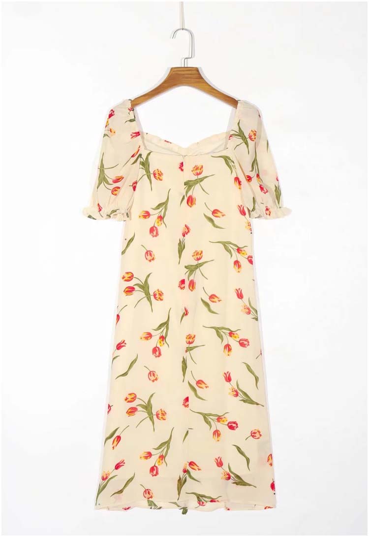 Robe polyvalente à col carré et taille fine à imprimé floral français, longueur genou, 7138