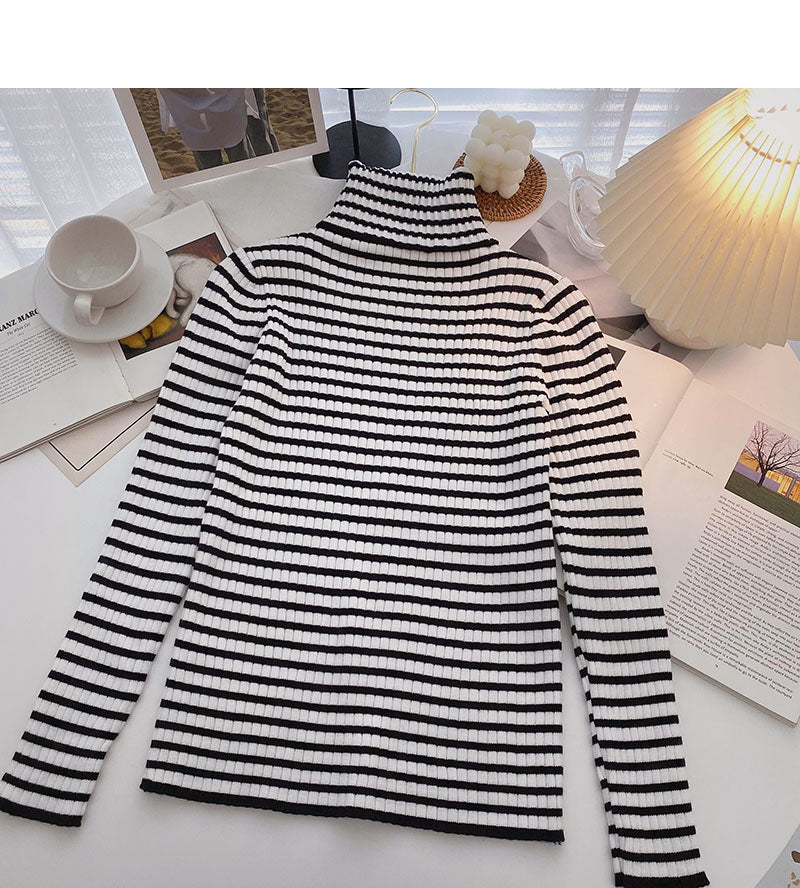 Beliebter Pullover 6652 mit Stehkragen, gestreiftem Boden und langen Ärmeln