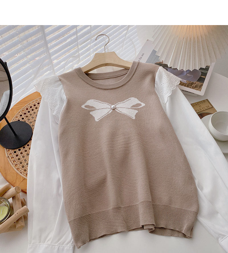 Vintage nail bead bow contrast stitching long sleeve lace top  6600