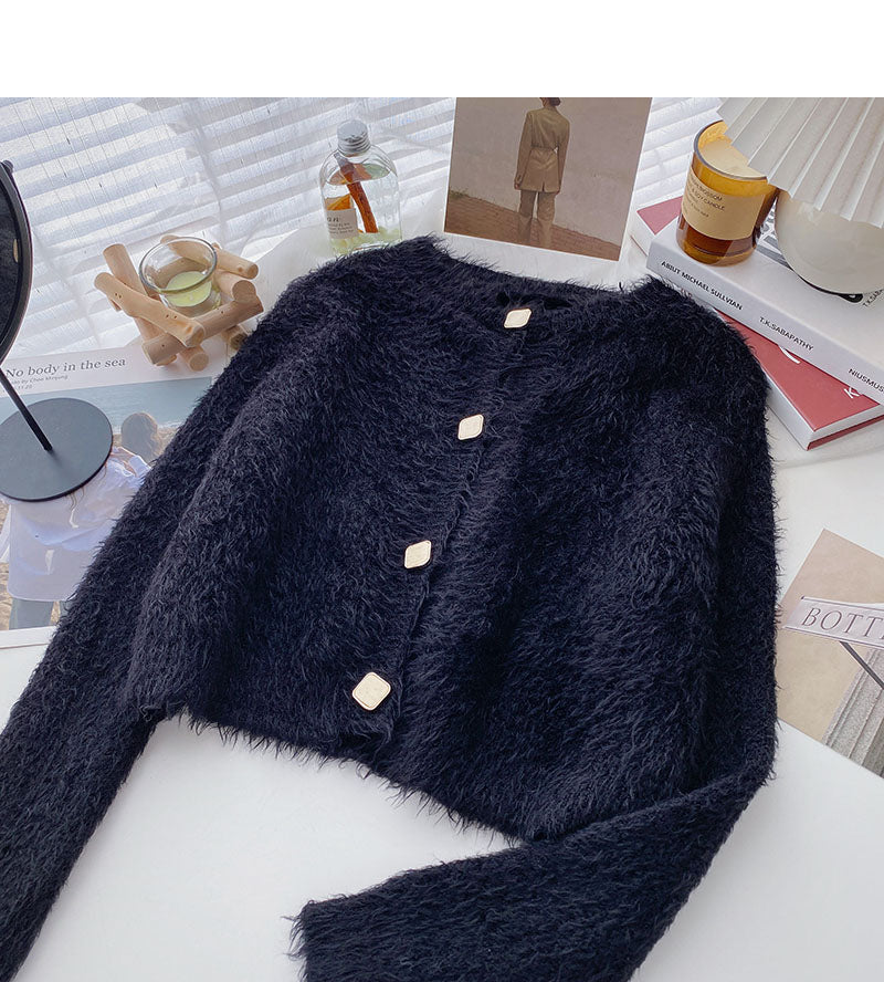 Korean simple casual French retro single breasted long sleeved top  5995