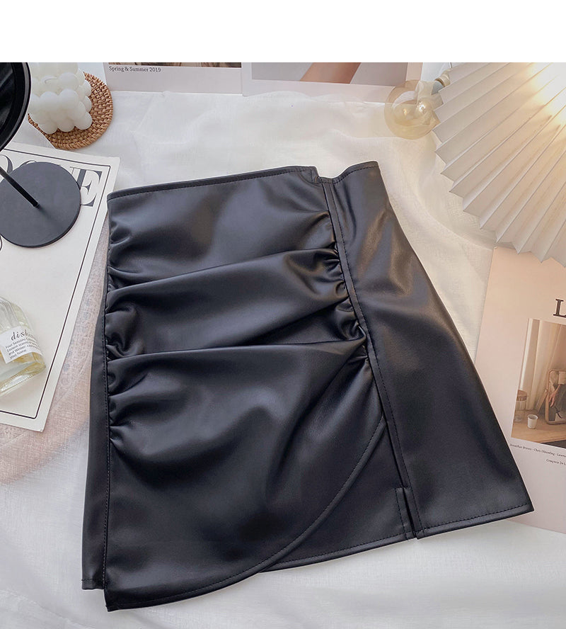 Korean high waist pleated design, irregular, slim, hip wrapped leather skirt  5530
