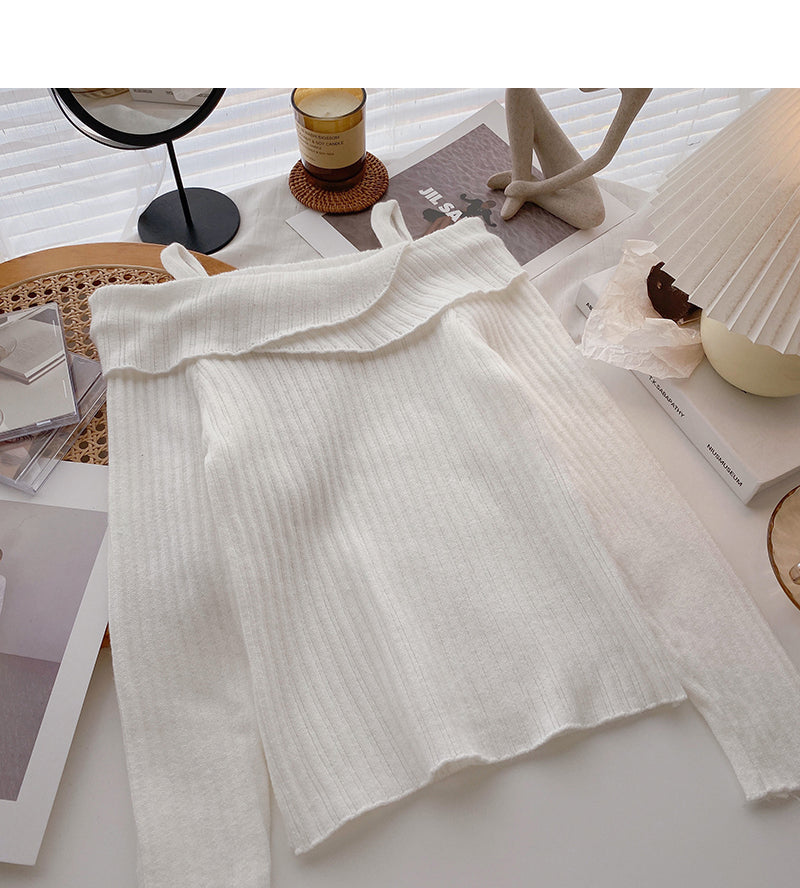 Straight neck irregular thin suspender long sleeve sweater  6444