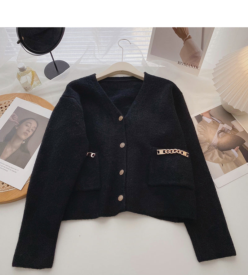 Korean small pocket chain design personalized fashionable V-neck top  6154