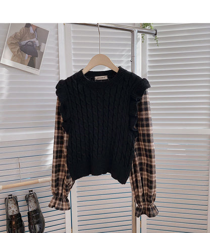 Vintage Linen knitted Plaid long sleeve sweater  6141