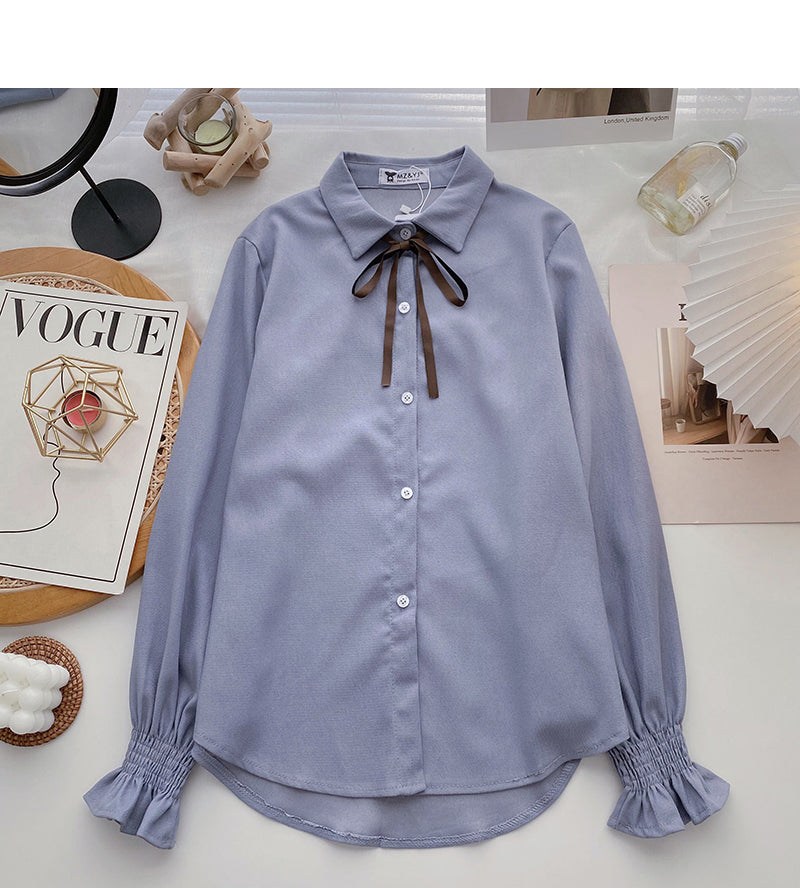 Collegiate lace up Lapel shirt casual long sleeve top  6356