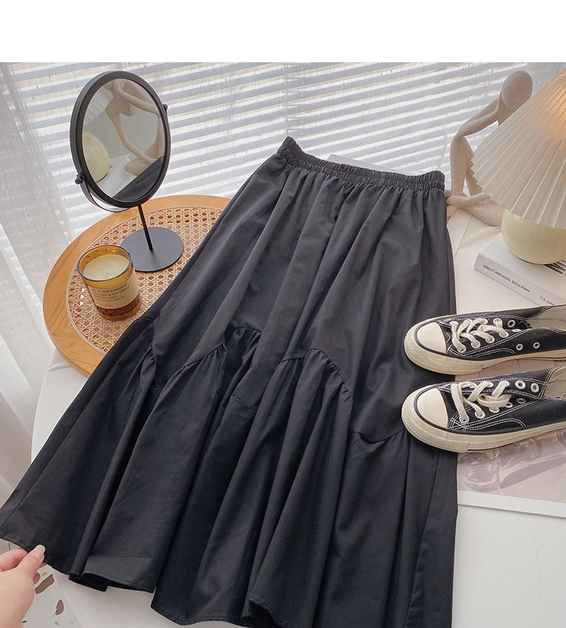 Versatile fashion solid high waist A-shaped medium length skirt  5814