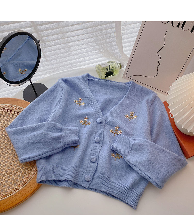 Floral embroidery V-neck short long sleeve jacket  5849