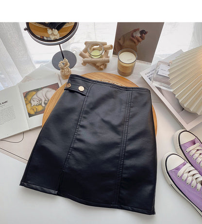 Korean solid color versatile fashion high waist PU leather bag hip skirt  5540
