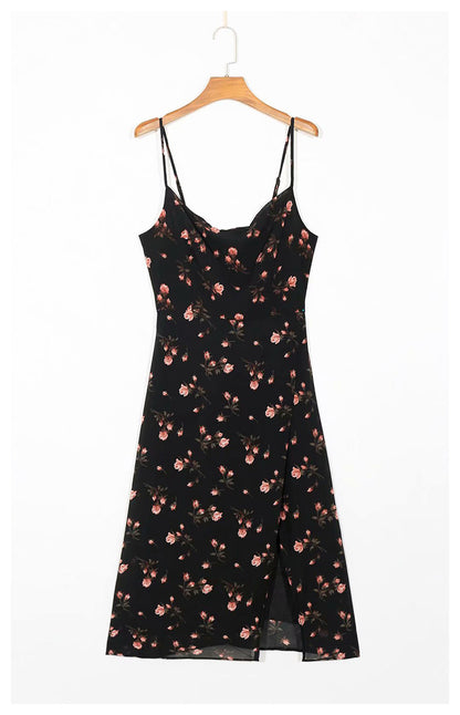 Printed swing neck suspender skirt split mid length dress  7053