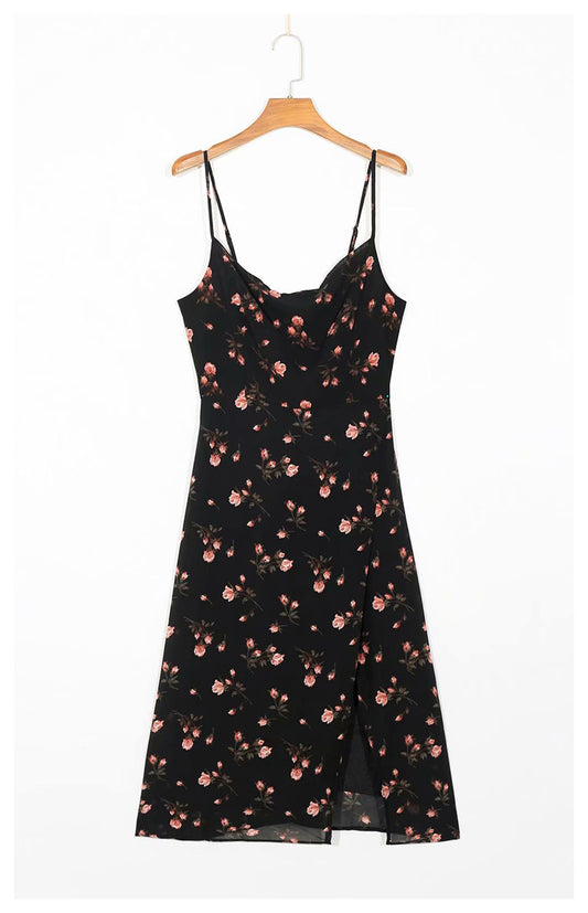Bedrucktes, mittellanges, geteiltes Kleid mit schwingendem Halsausschnitt und Hosenträgerrock 7053