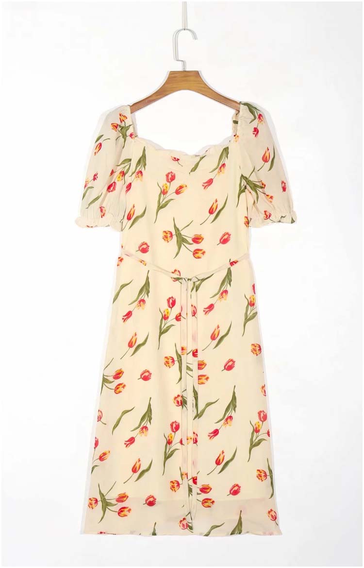 Robe polyvalente à col carré et taille fine à imprimé floral français, longueur genou, 7138