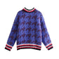 Multi panel contrast bird check jacquard sweater women's sweater  7492
