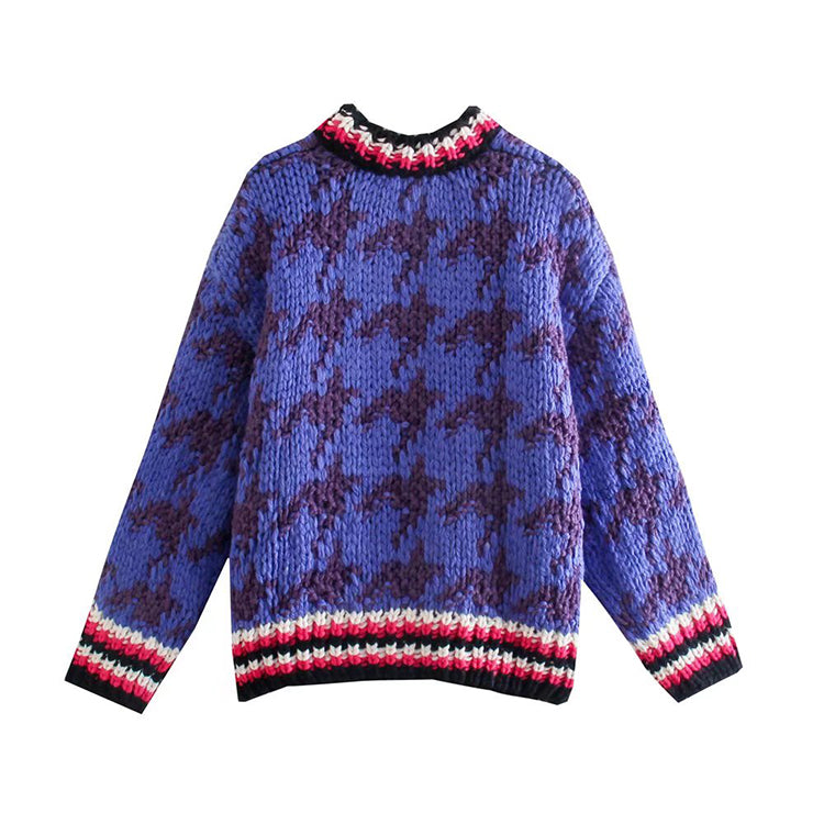 Multi panel contrast bird check jacquard sweater women's sweater  7492