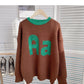 Contrast round neck jacquard flocking letter sweater  6173