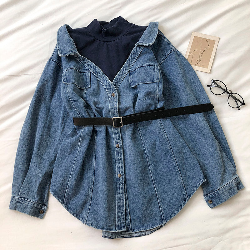 Mittellanges und langes Denim-Hemd mit Stehkragen im Hongkong-Stil, modisch genäht, 6248